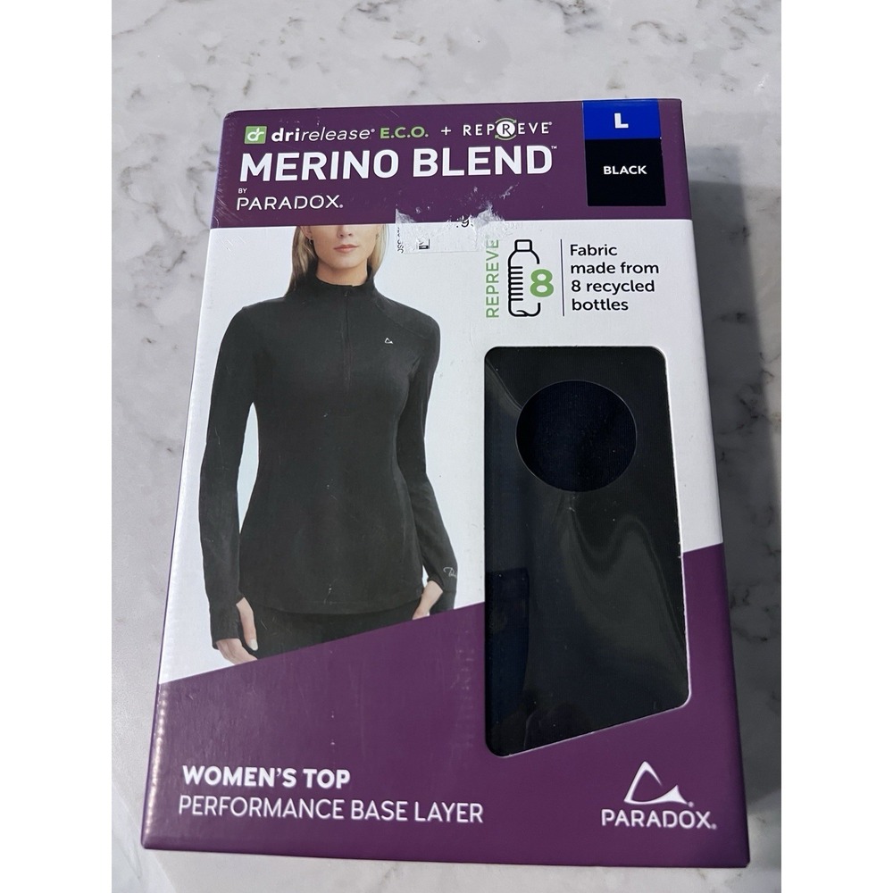 Paradox Womens Merino Blend 1/4 Zip Base Layer Top Black Large REPREVE Eco - Picture 2 of 10